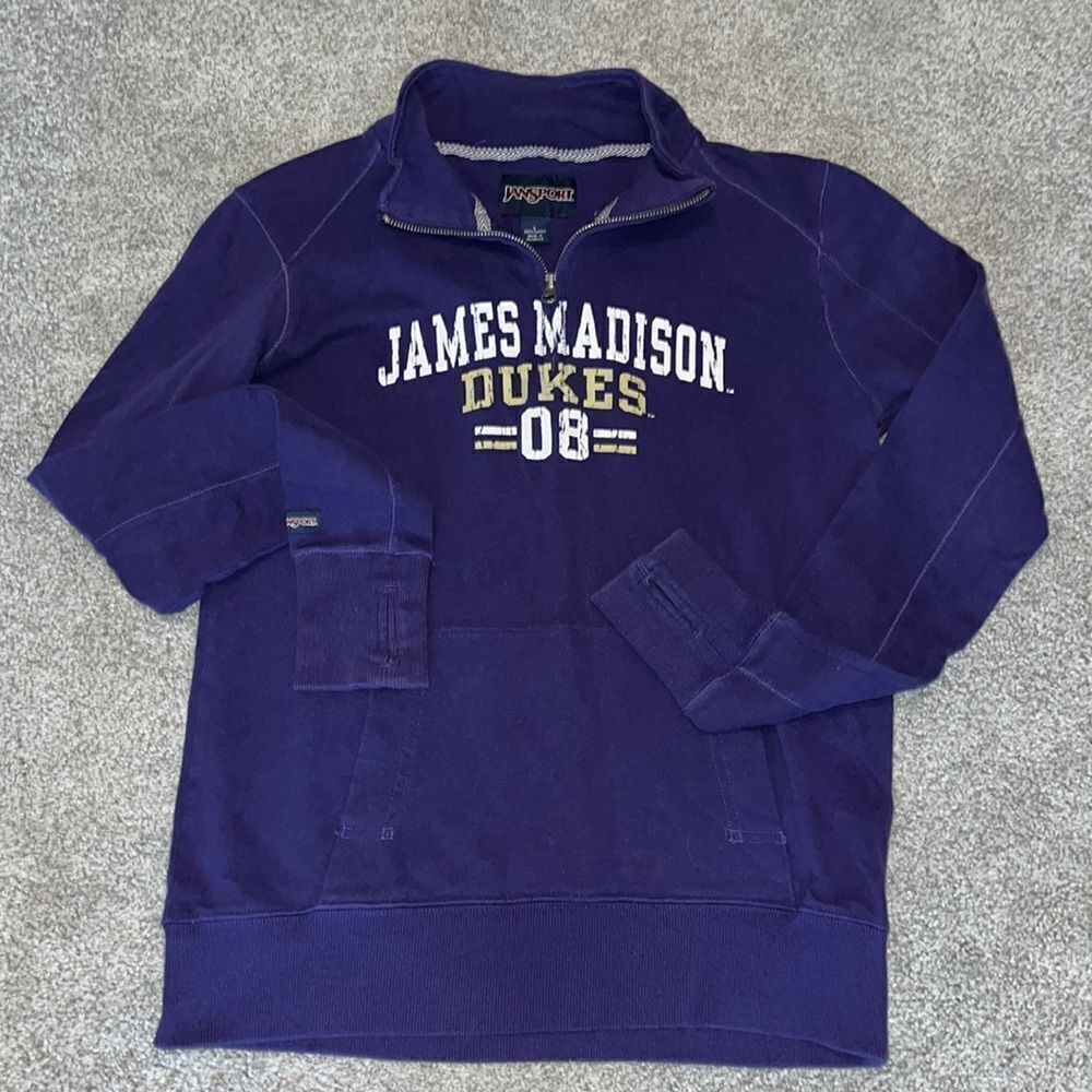 Women’s purple James Madison University JMU Dukes 1/4 sweatshirt thumb cut outs